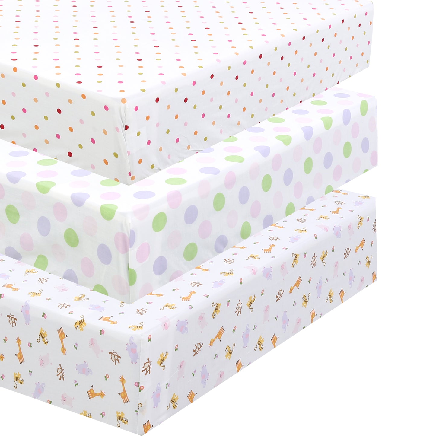 3 Piece Crib/Toddler Cotton Fitted Sheets Colorful Polka Dot Zoo Animal Friends