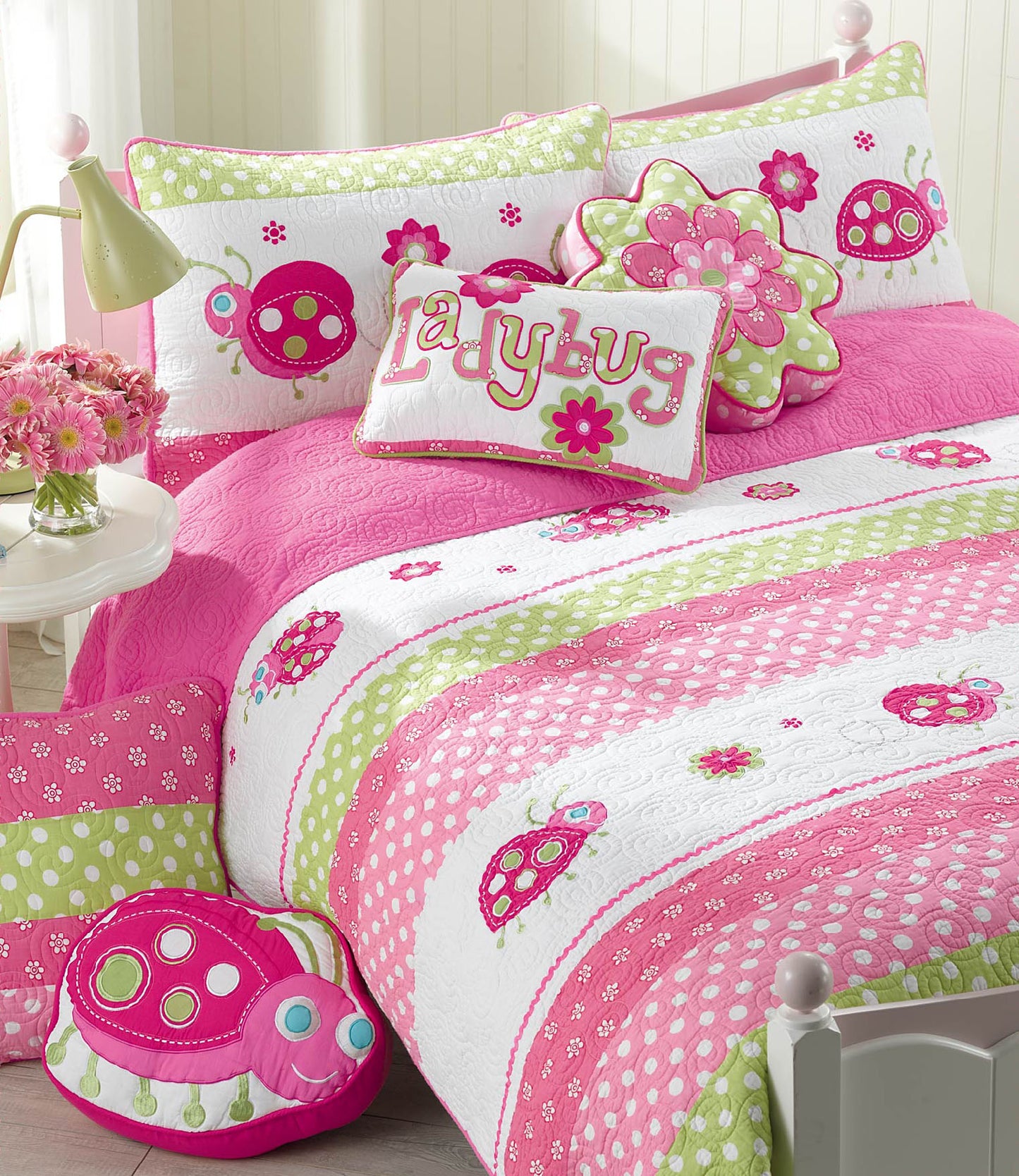 Pink Ladybug Dot Novelty Floral Embroiderd Decor Throw Pillow