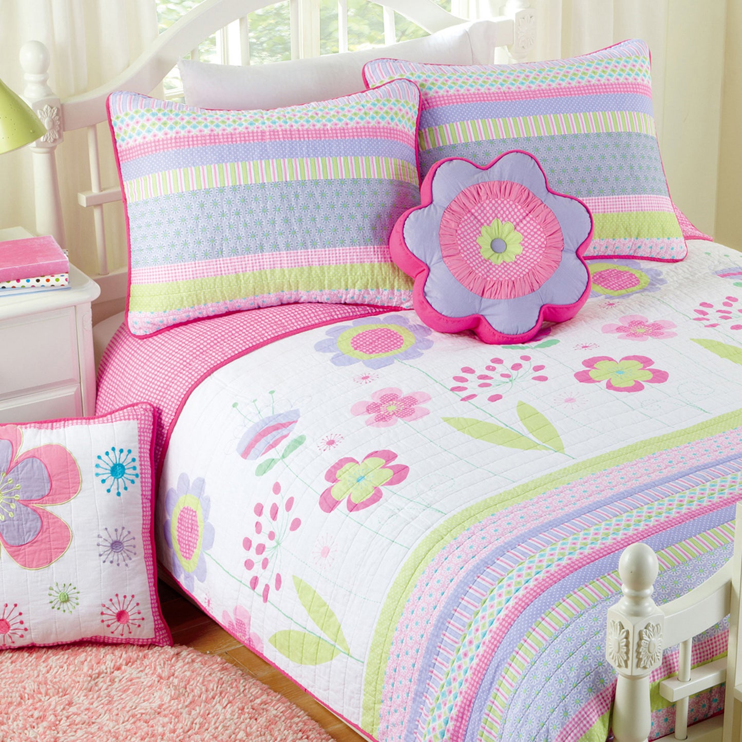 Blossom Floral Pink Purple Stripe Print Cotton Reversible Quilt Bedding Set
