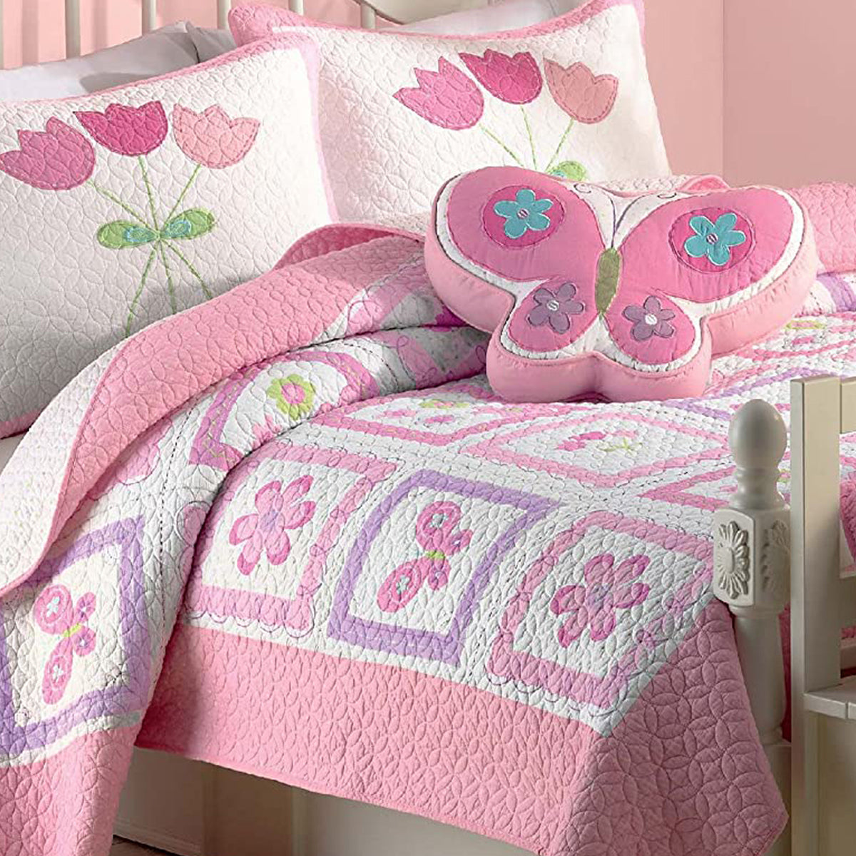 Butterfly Flower Pink Print Patchwork Twin Cotton Reversible Quilt Bedding Set