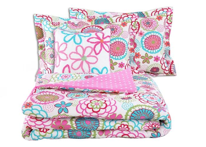 Mariah Floral Pink Polka Dot Reversible Comforter Set w/ Decor Pillows