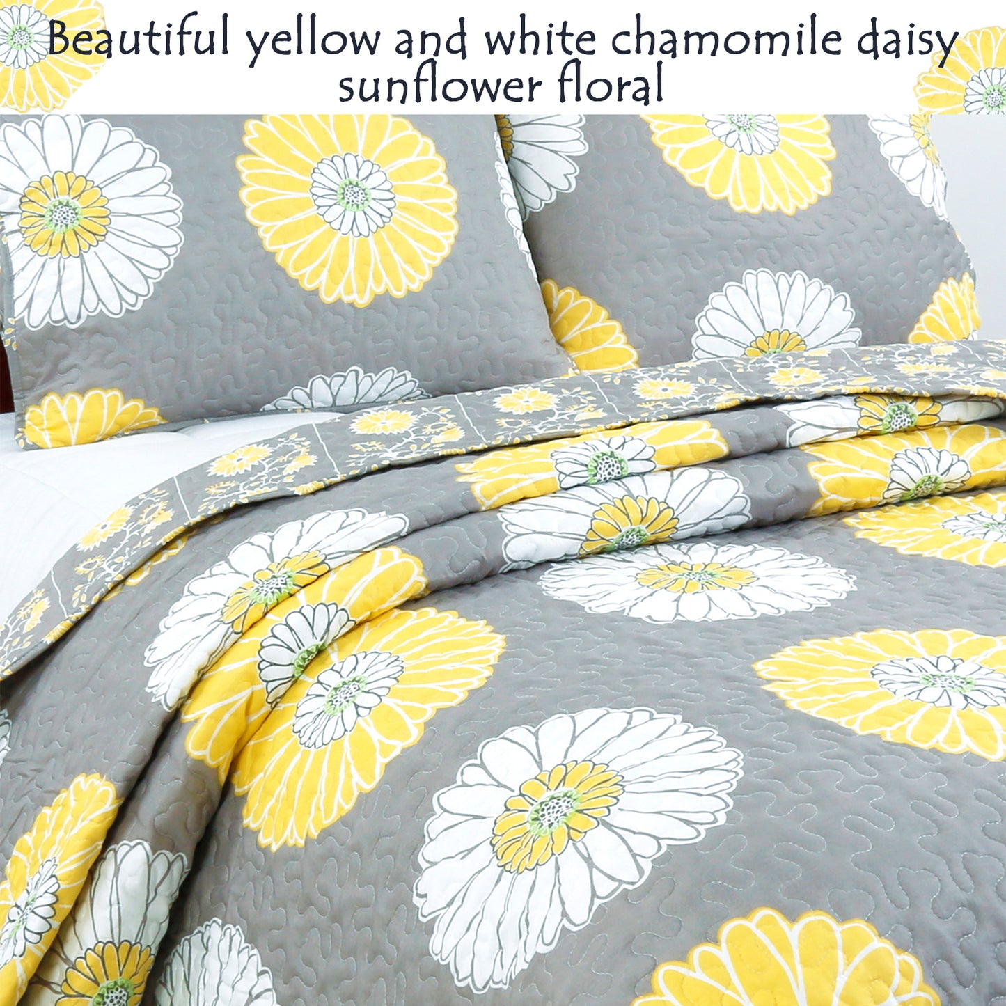 Anya Floral Print Yellow Grey Reversible Quilt Bedding Set