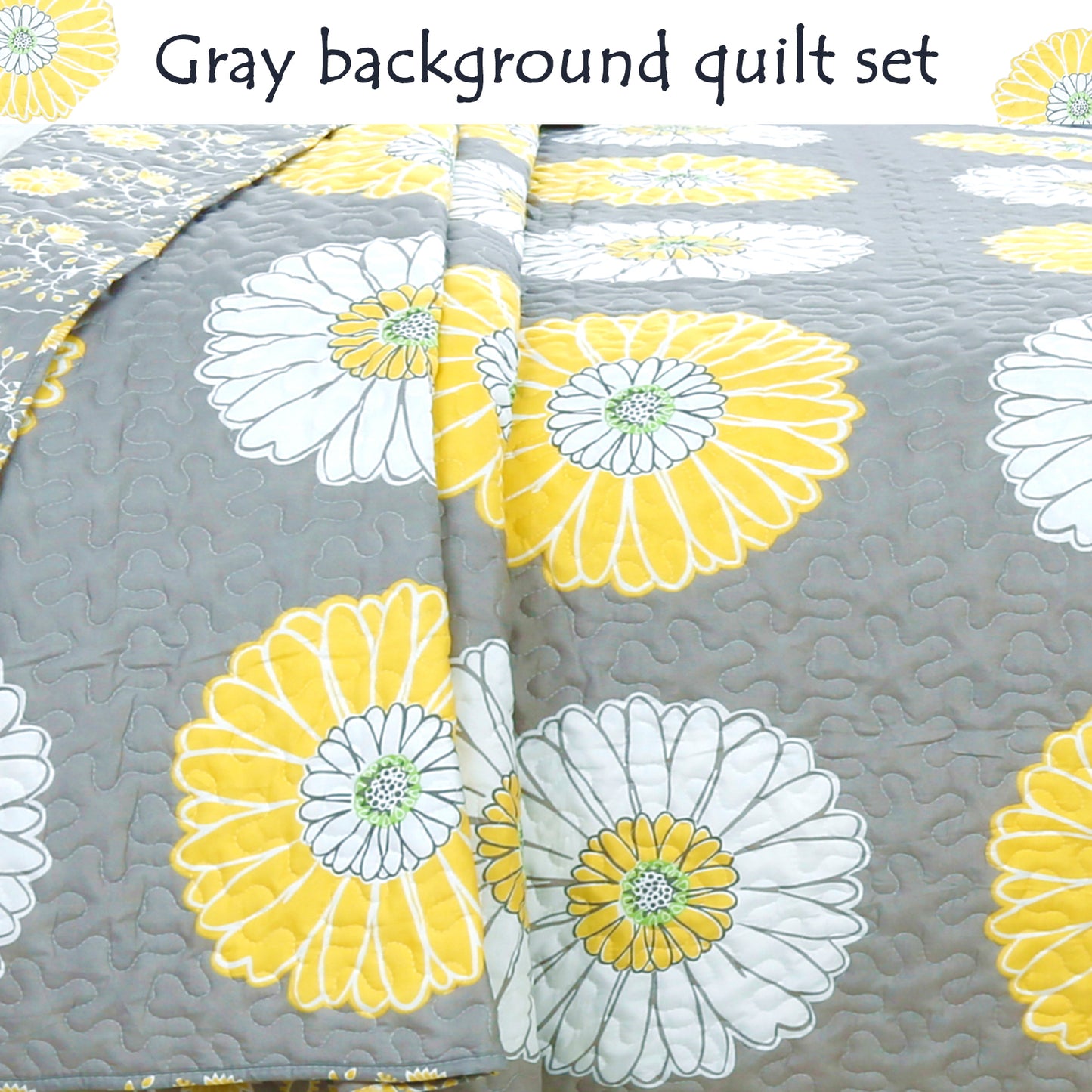 Anya Floral Print Yellow Grey Reversible Quilt Bedding Set