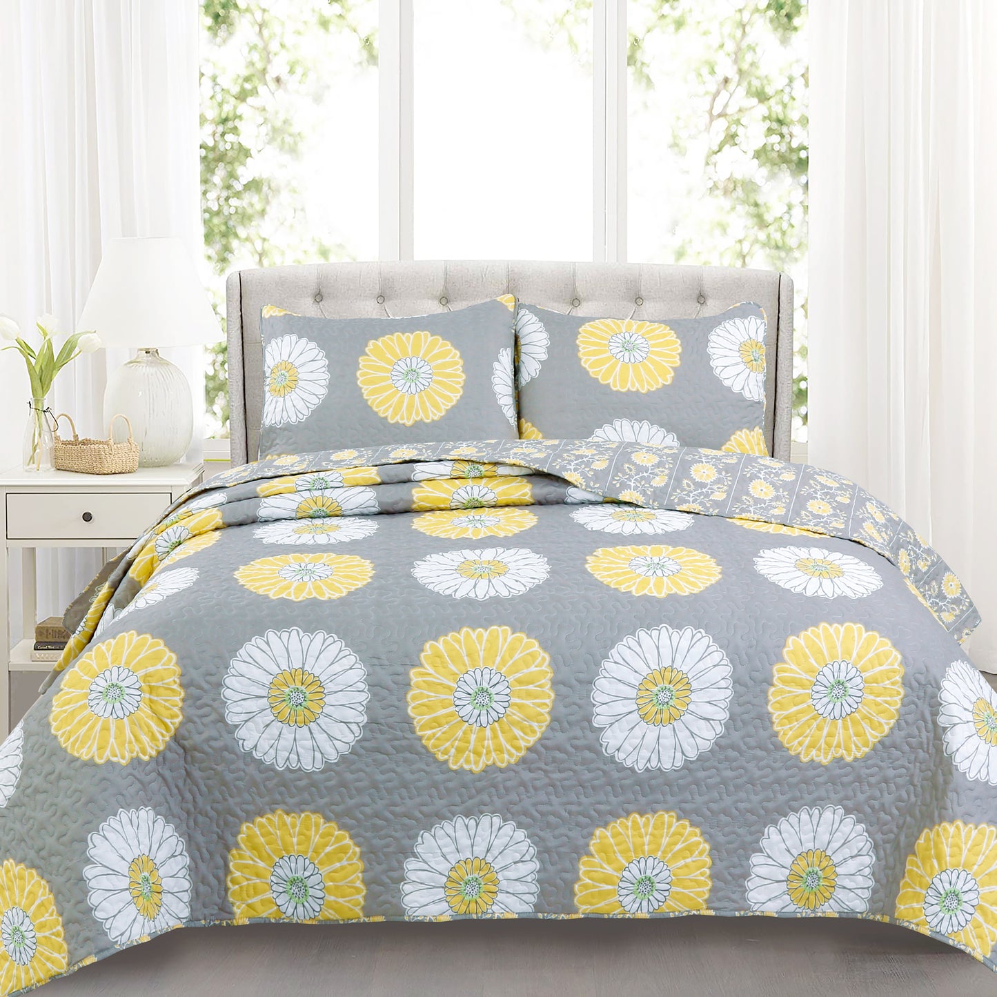 Anya Floral Print Yellow Grey Reversible Quilt Bedding Set