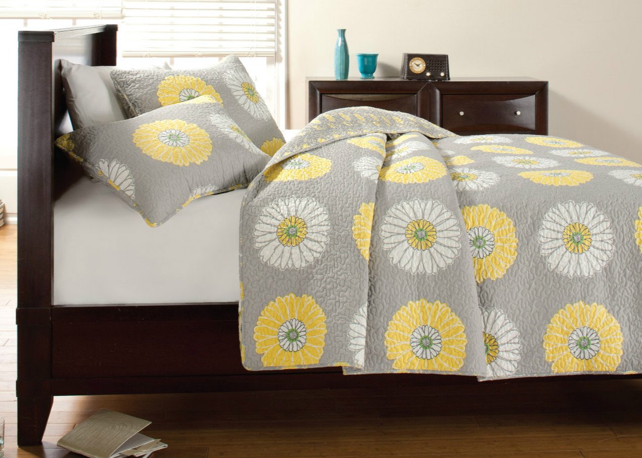 Anya Floral Print Yellow Grey Reversible Quilt Bedding Set