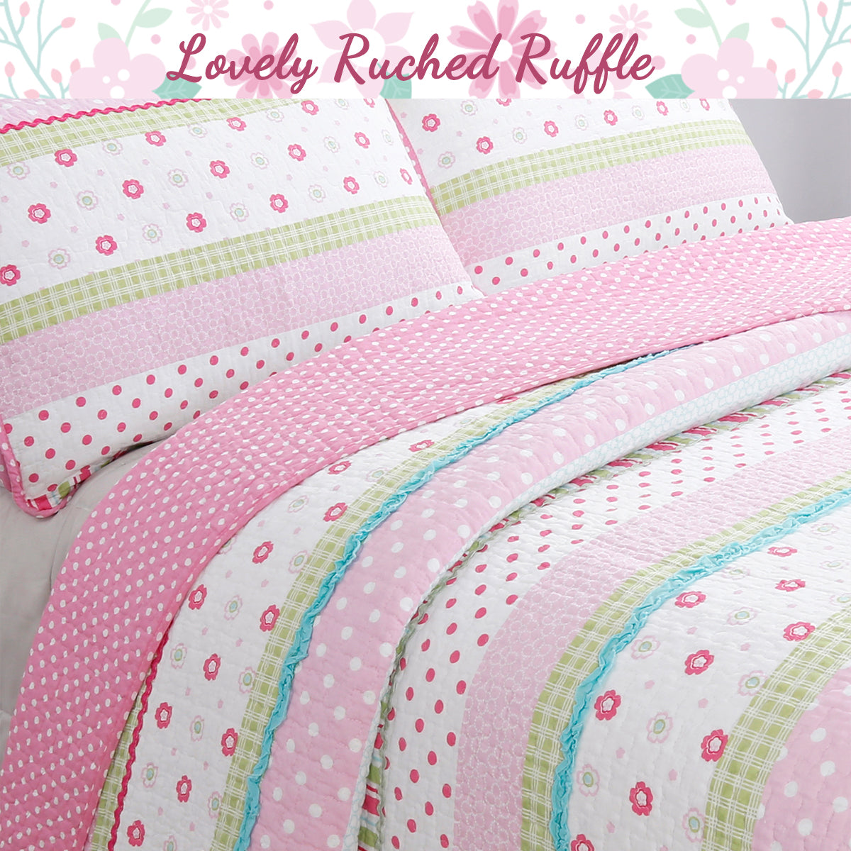 Greta Floral Stripe Pink Real Patchwork Cotton Reversible Quilt Bedding Set