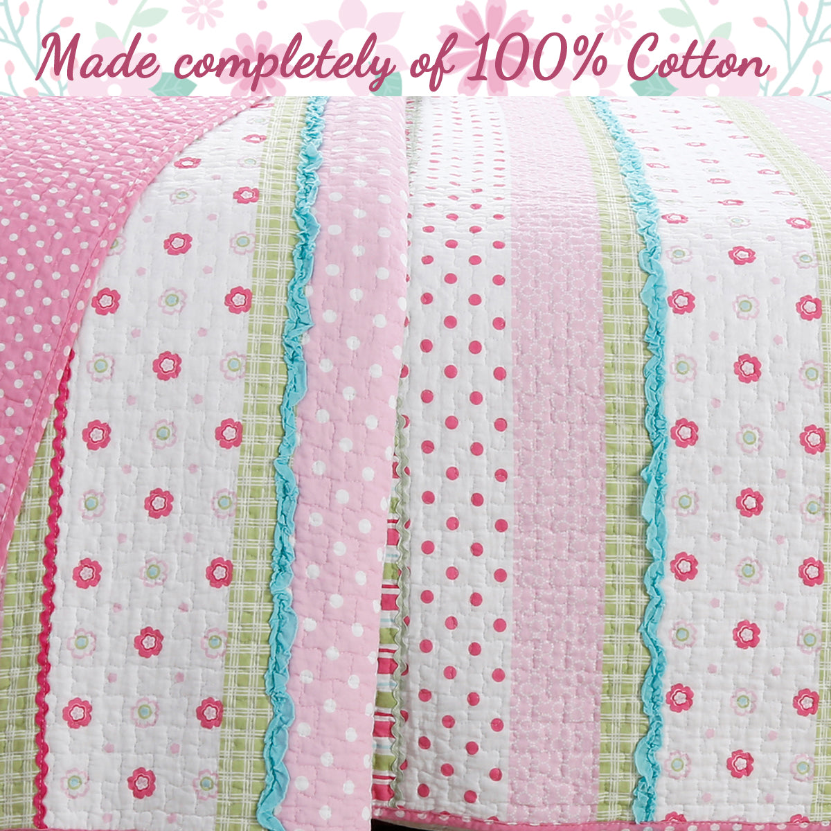 Greta Floral Stripe Pink Real Patchwork Cotton Reversible Quilt Bedding Set