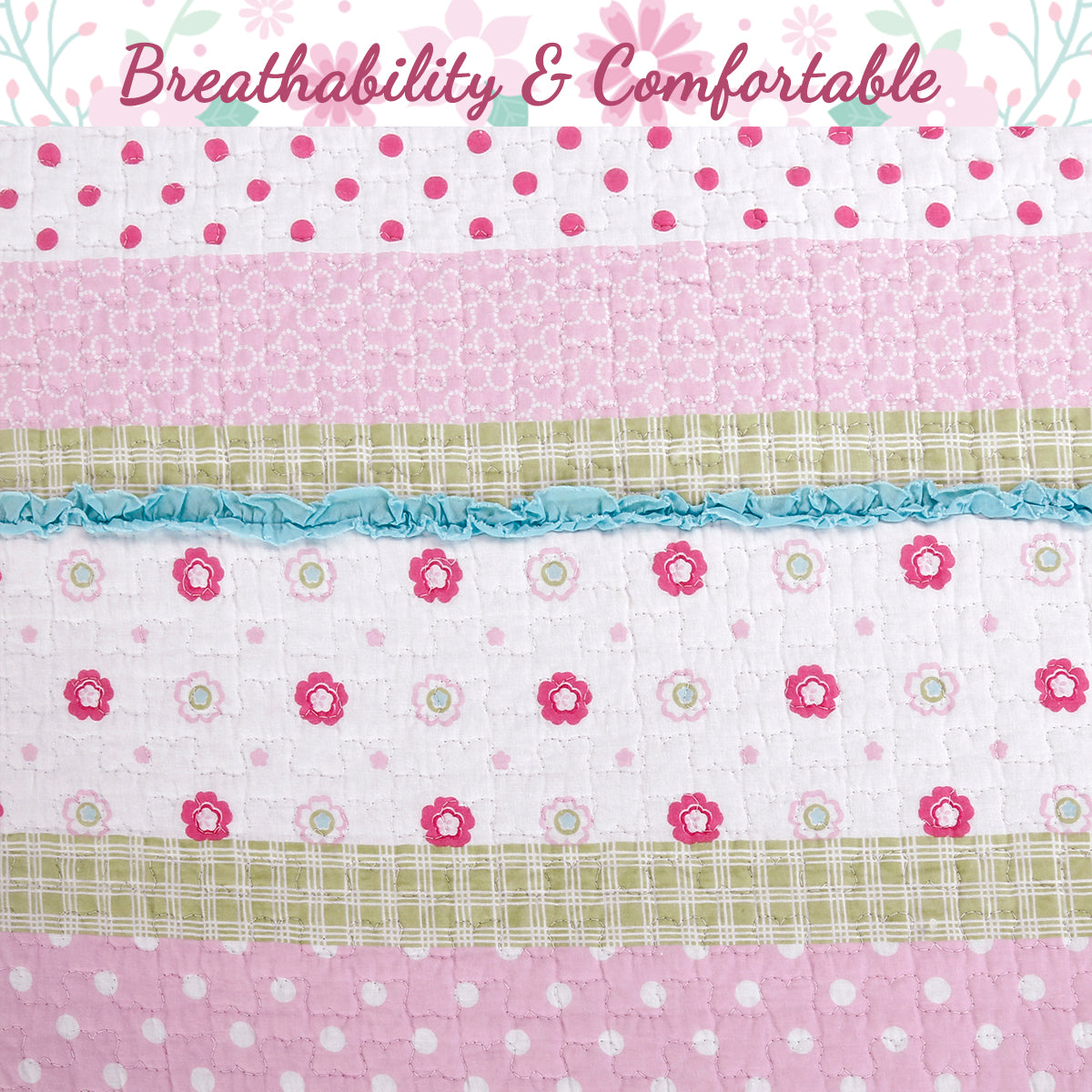 Greta Floral Stripe Pink Real Patchwork Cotton Reversible Quilt Bedding Set