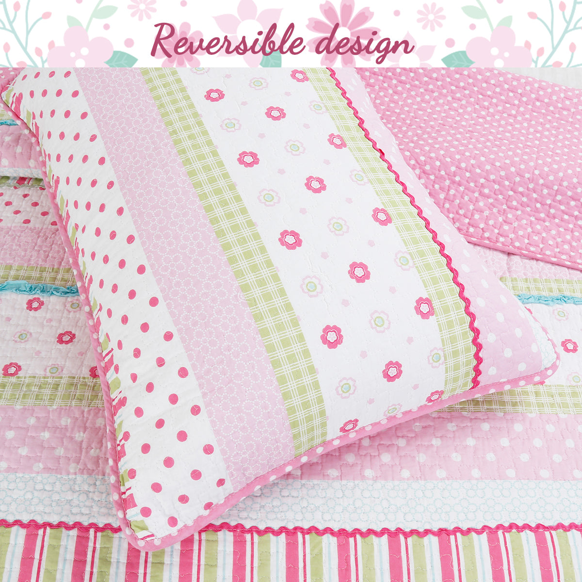 Greta Floral Stripe Pink Real Patchwork Cotton Reversible Quilt Bedding Set