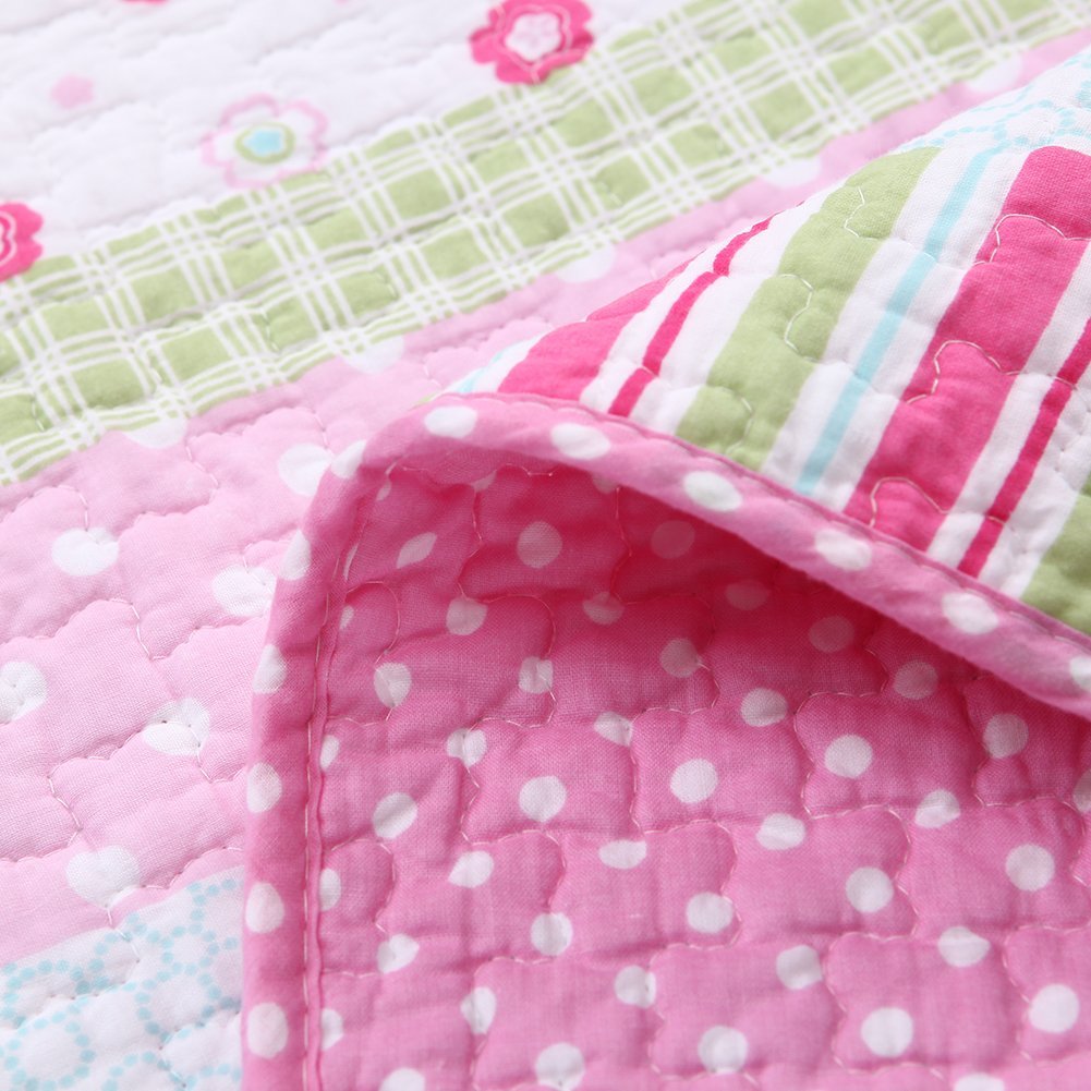 Greta Floral Stripe Pink Real Patchwork Cotton Reversible Quilt Bedding Set
