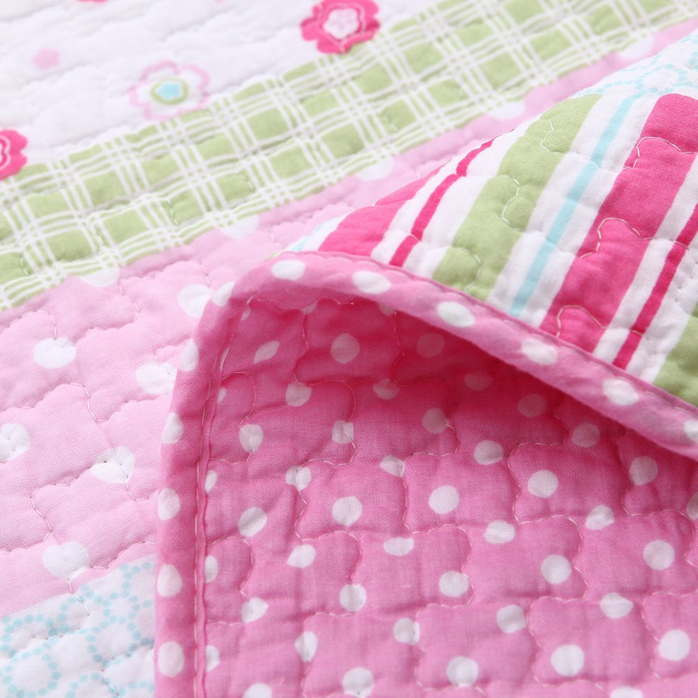 Greta Floral Stripe Pink Real Patchwork Cotton Reversible Quilt Beddin ...