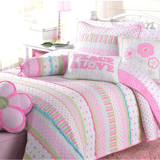 Greta Floral Stripe Pink Real Patchwork Cotton Reversible Quilt Bedding Set