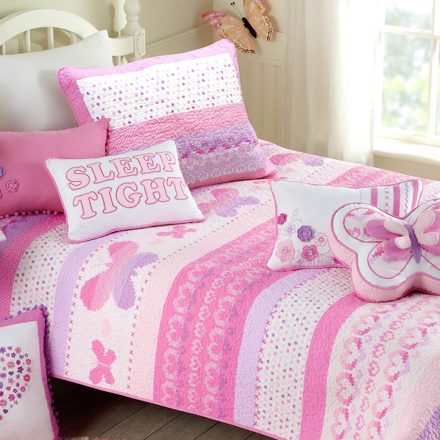 Butterfly Fairisle Pink Purple Striped Sweater Print Cotton Reversible Quilt Bedding Set