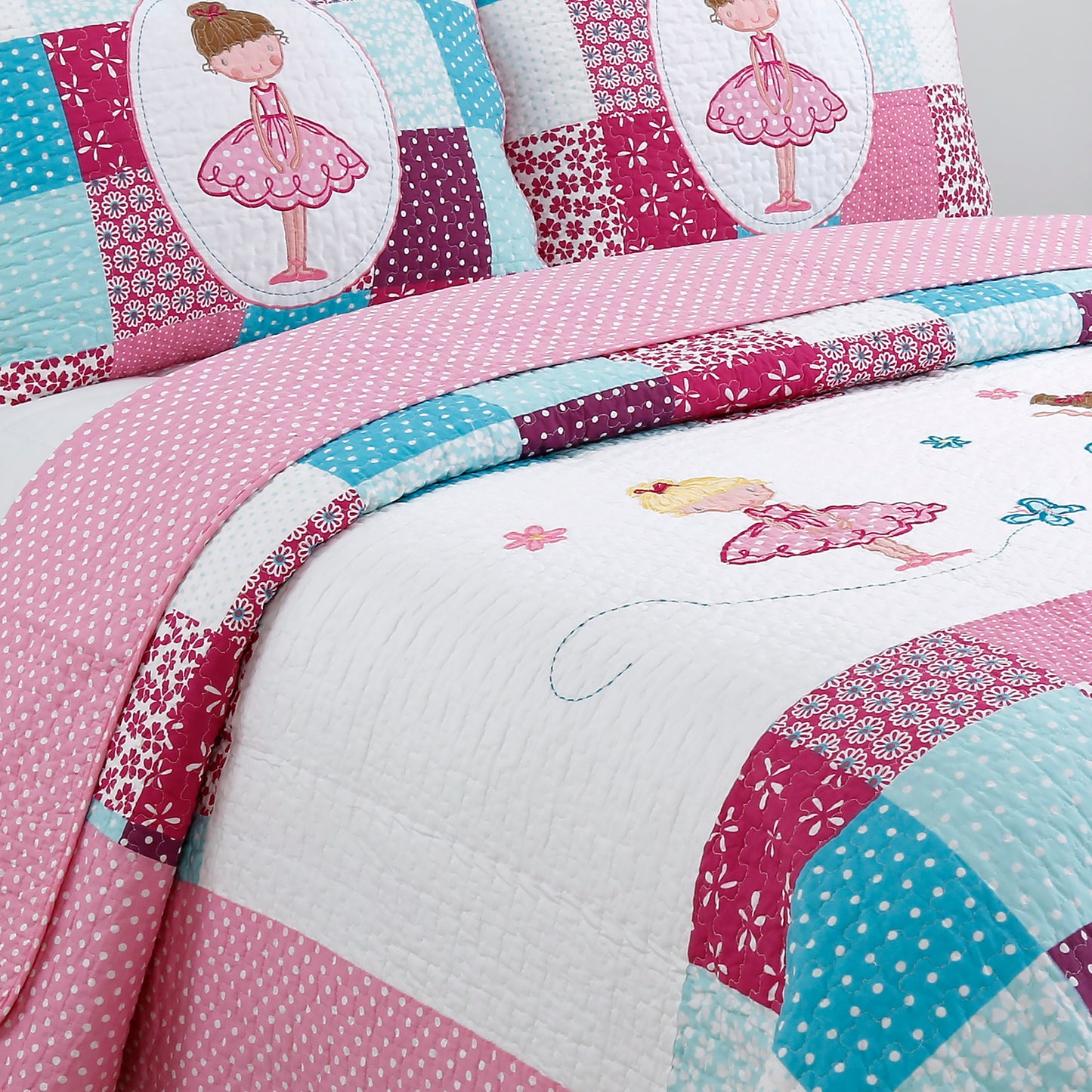 Ballerina Girl Pink Floral Dot Print Patchwork Cotton Reversible Quilt Bedding Set