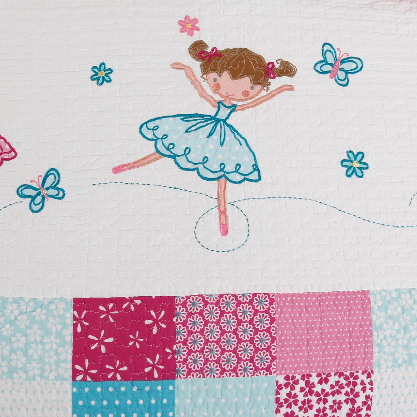 Ballerina Girl Pink Floral Dot Print Patchwork Cotton Reversible Quilt Bedding Set