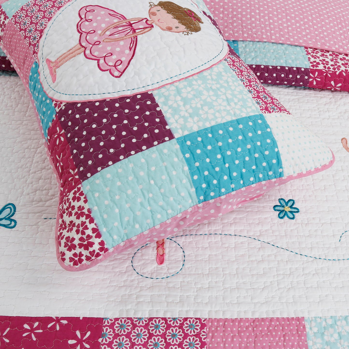 Ballerina Girl Pink Floral Dot Print Patchwork Cotton Reversible Quilt Bedding Set