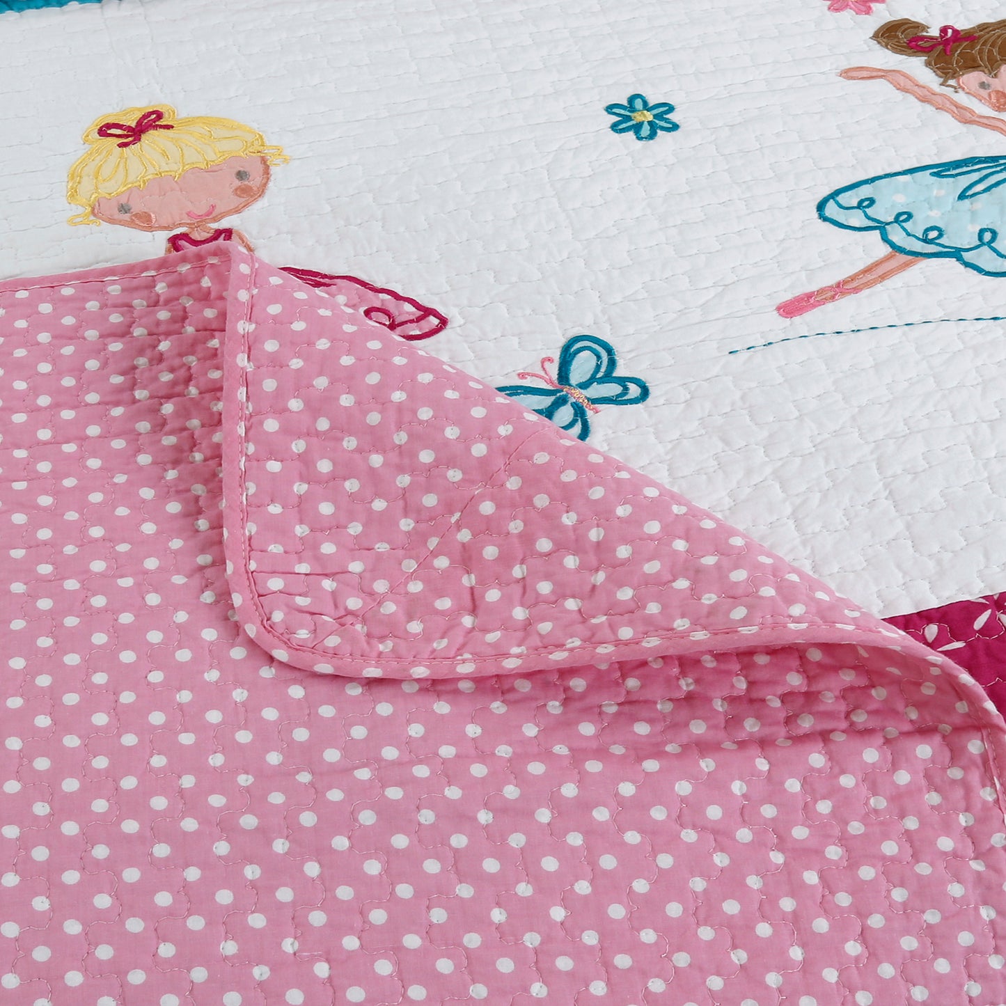 Ballerina Girl Pink Floral Dot Print Patchwork Cotton Reversible Quilt Bedding Set