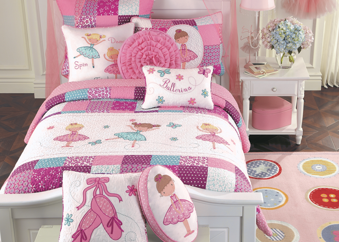 Ballerina Girl Pink Floral Dot Print Patchwork Cotton Reversible Quilt Bedding Set