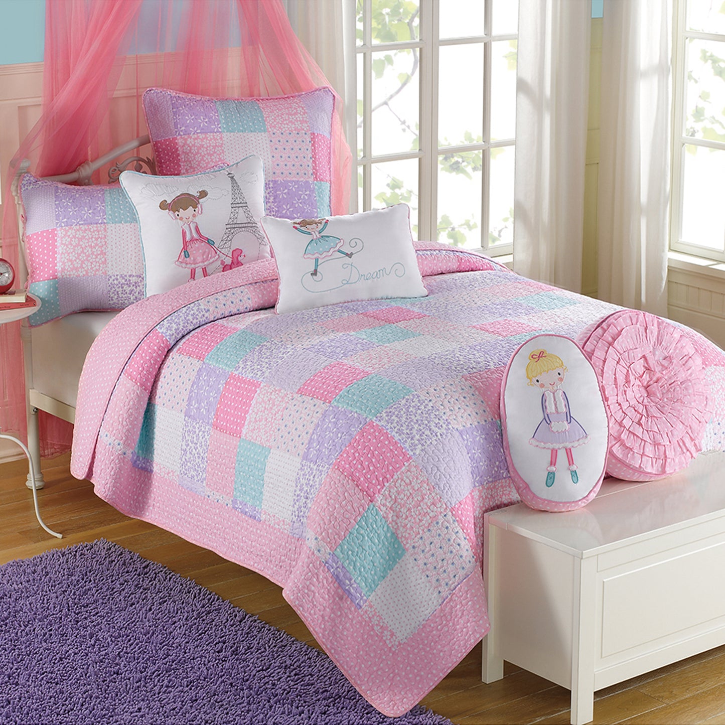 Angelina Pink Floral Dot Print Patchwork Cotton Reversible Quilt Bedding Set