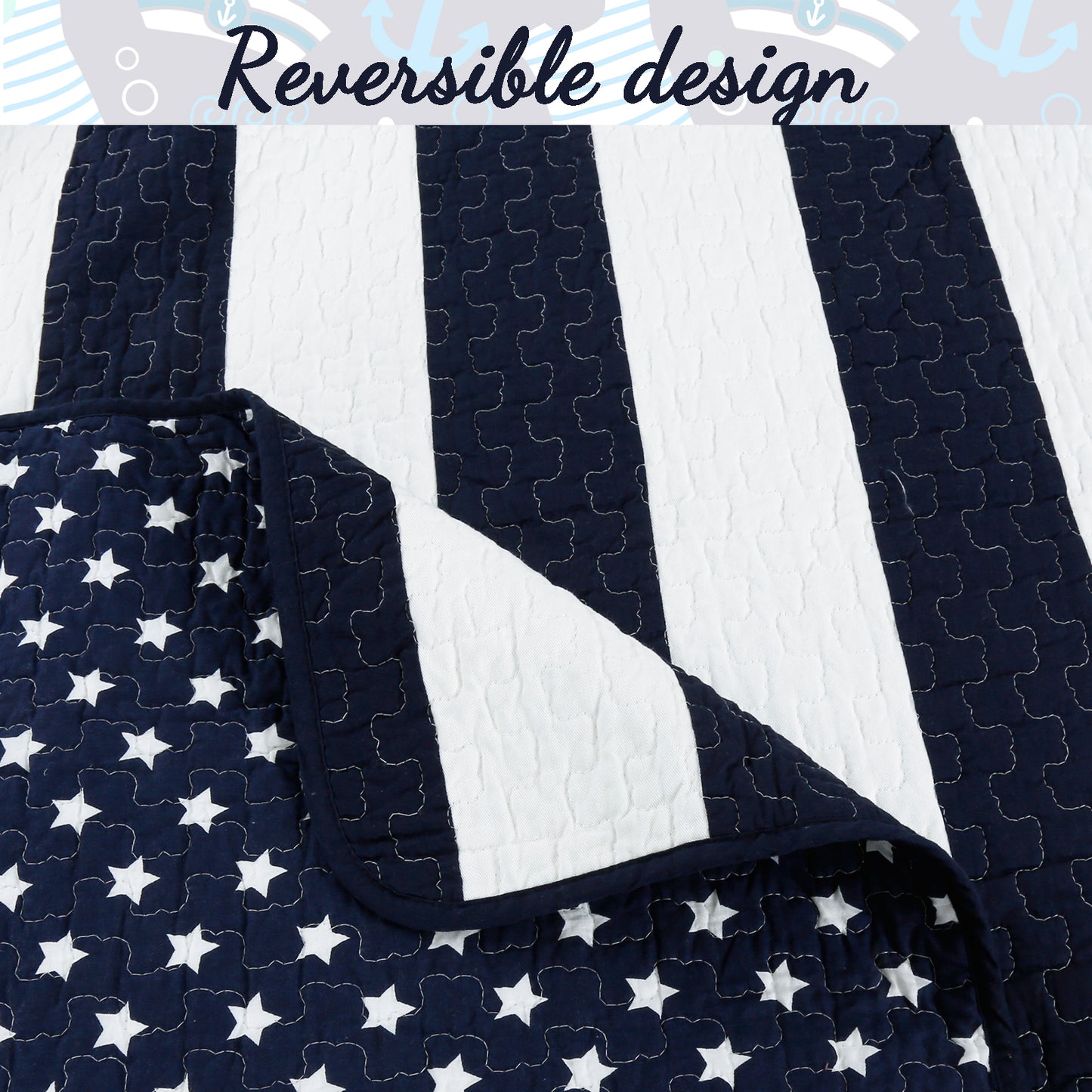 Ameristar Sailor Blue & White Striped Cotton Reversible Quilt Bedding Set