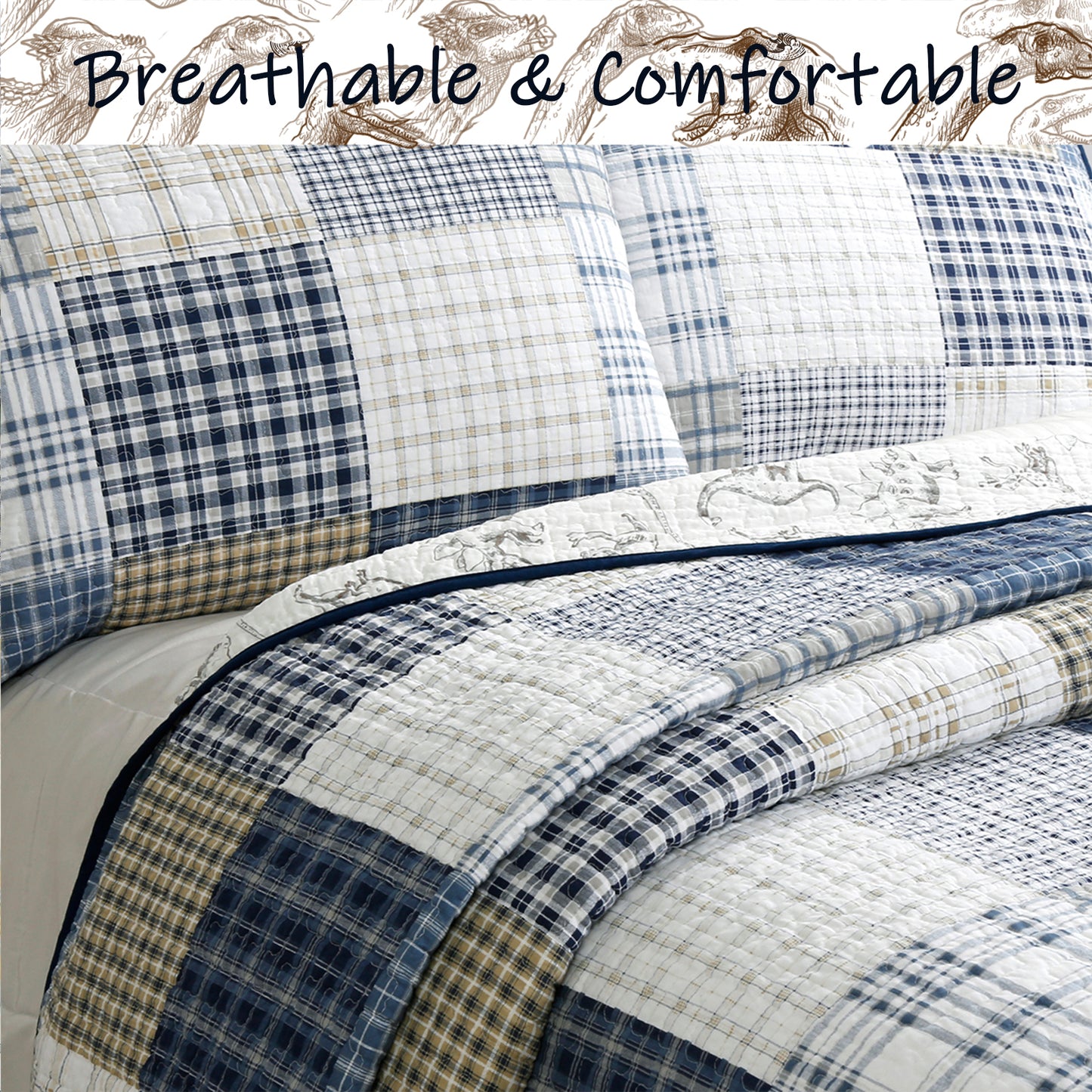 Benjamin Dinosaur Blue Brown Plaid Print Patchwork Cotton Reversible Quilt Bedding Set