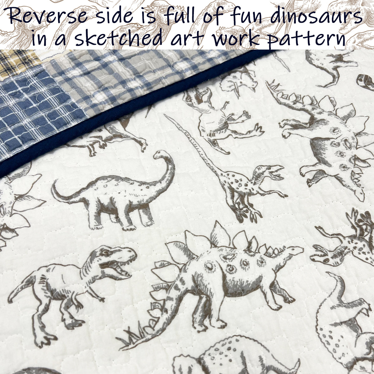 Benjamin Dinosaur Blue Brown Plaid Print Patchwork Cotton Reversible Quilt Bedding Set