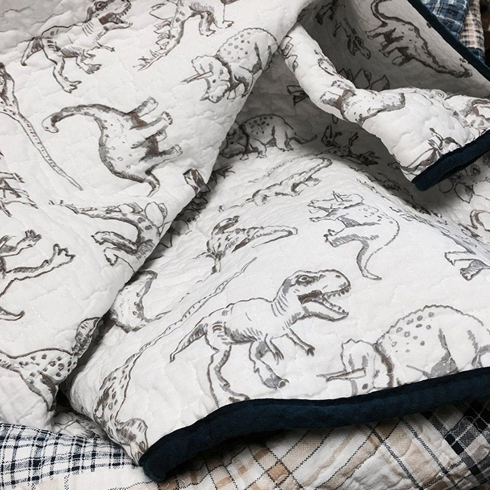 Benjamin Dinosaur Blue Brown Plaid Print Patchwork Cotton Reversible Quilt Bedding Set
