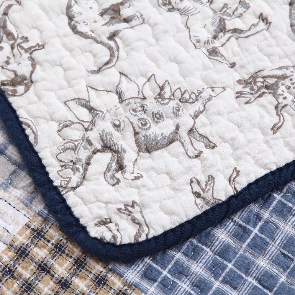 Benjamin Dinosaur Blue Brown Plaid Print Patchwork Cotton Reversible Quilt Bedding Set
