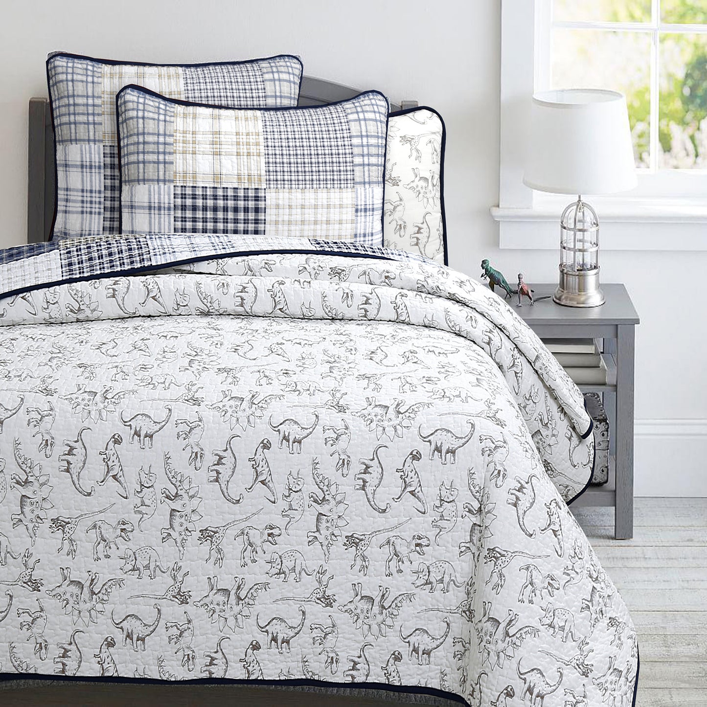Benjamin Dinosaur Blue Brown Plaid Print Patchwork Cotton Reversible Quilt Bedding Set