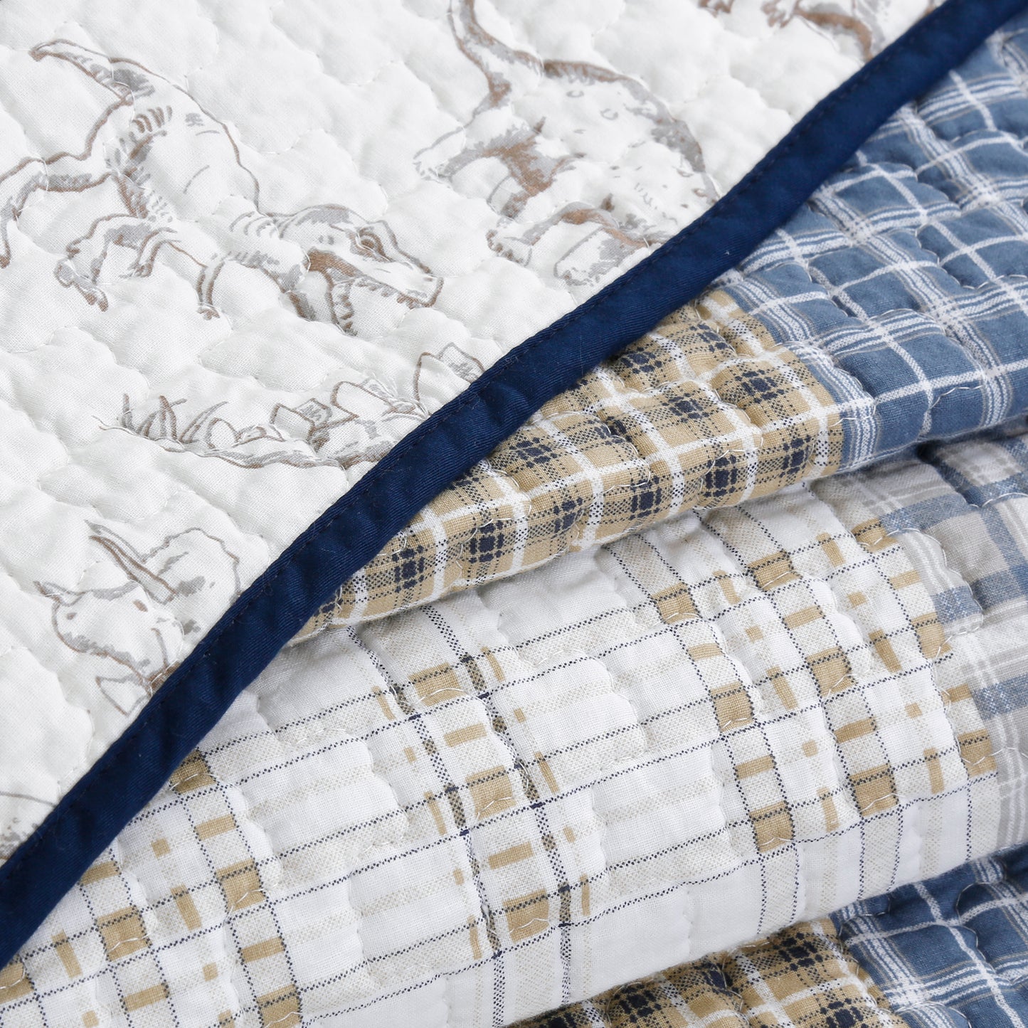 Benjamin Dinosaur Blue Brown Plaid Print Patchwork Cotton Reversible Quilt Bedding Set