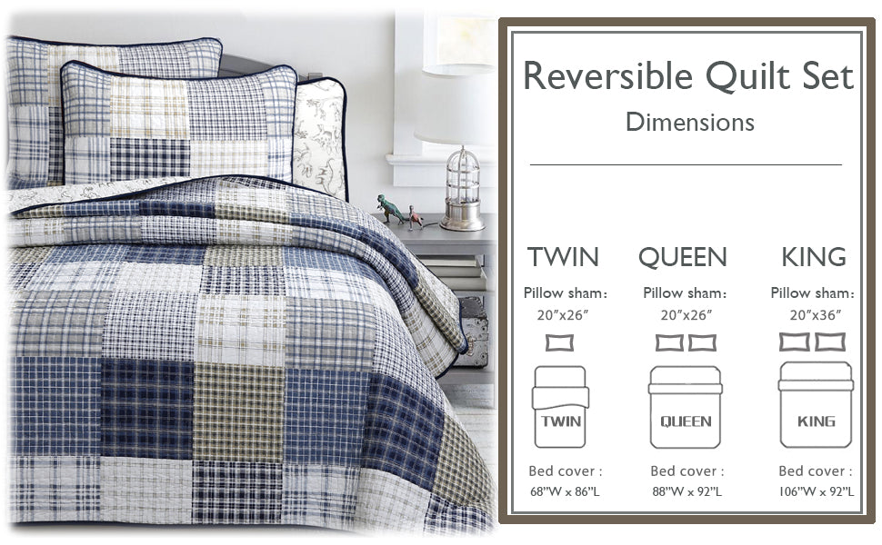 Benjamin Dinosaur Blue Brown Plaid Print Patchwork Cotton Reversible Quilt Bedding Set