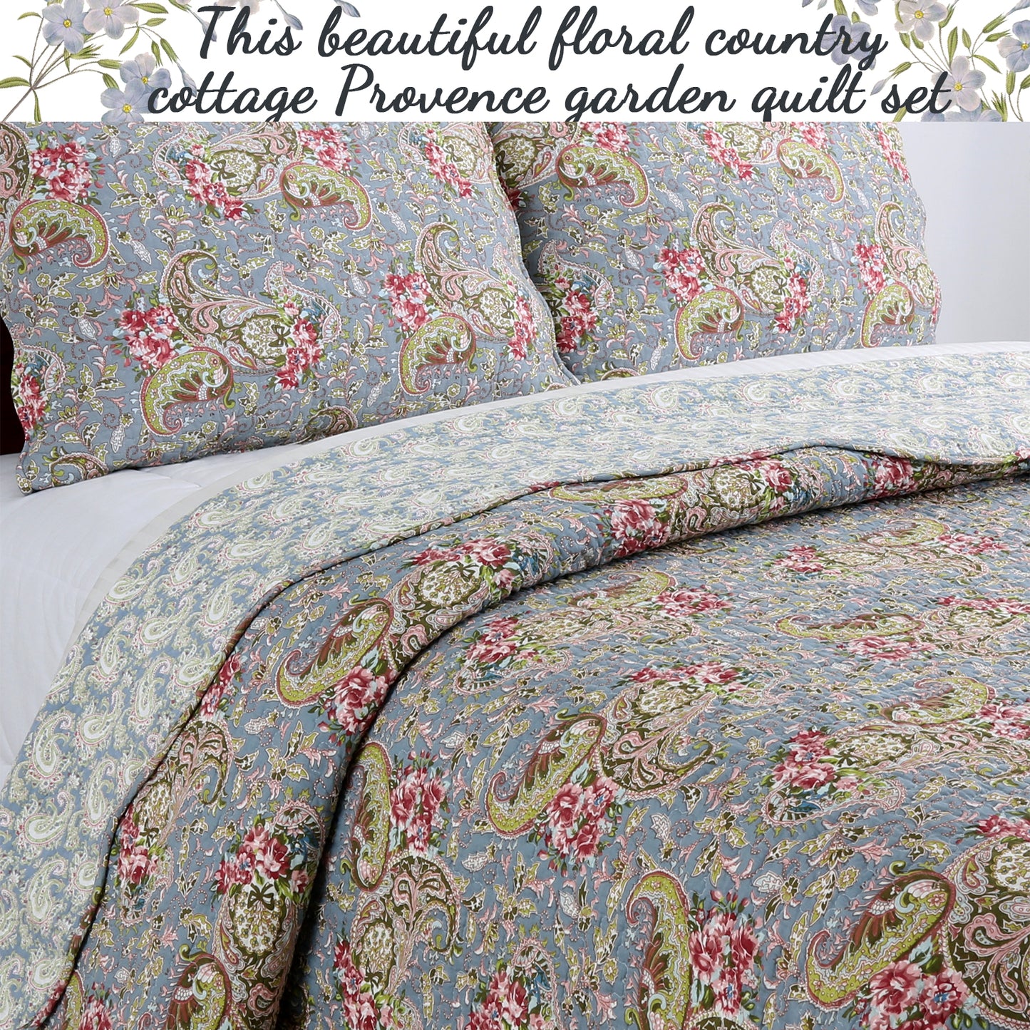 Floral Paisley Blue Cotton 3-Piece Reversible Quilt Bedding Set