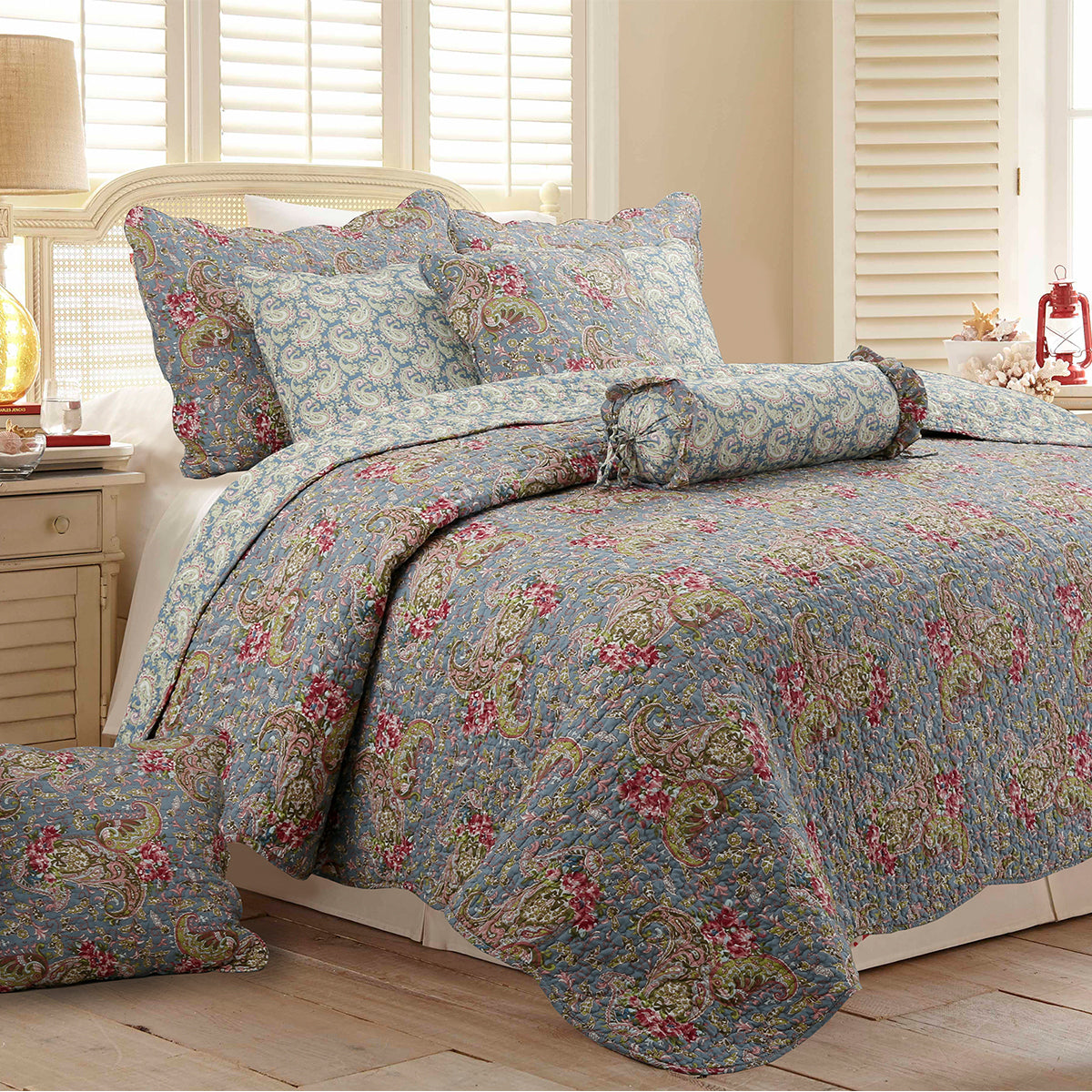 Floral Paisley Blue Cotton 3-Piece Reversible Quilt Bedding Set