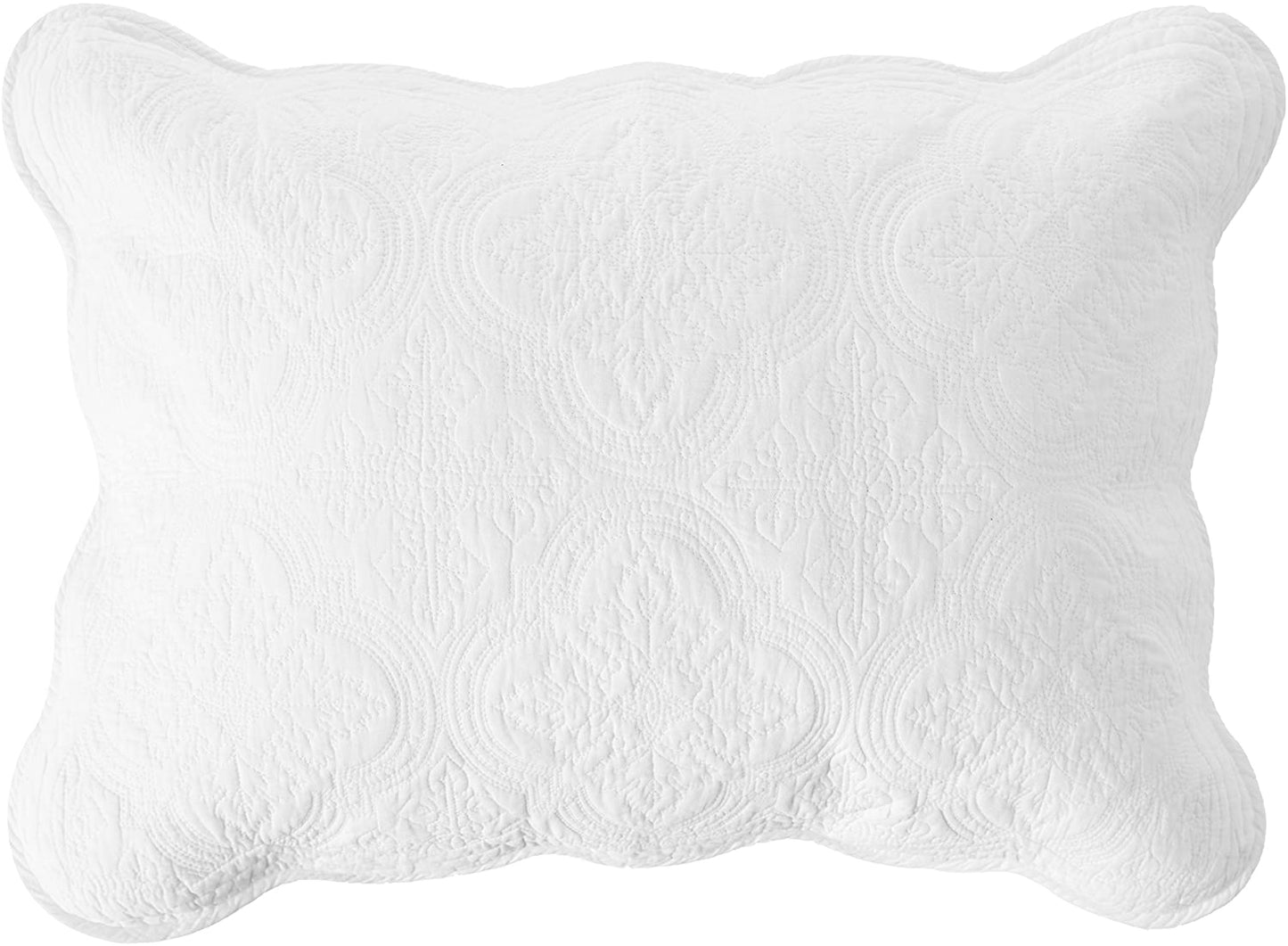 Serenity White Victorian Scalloped Medallion Floral Pure Solid Cotton Reversible Quilt Bedding Set