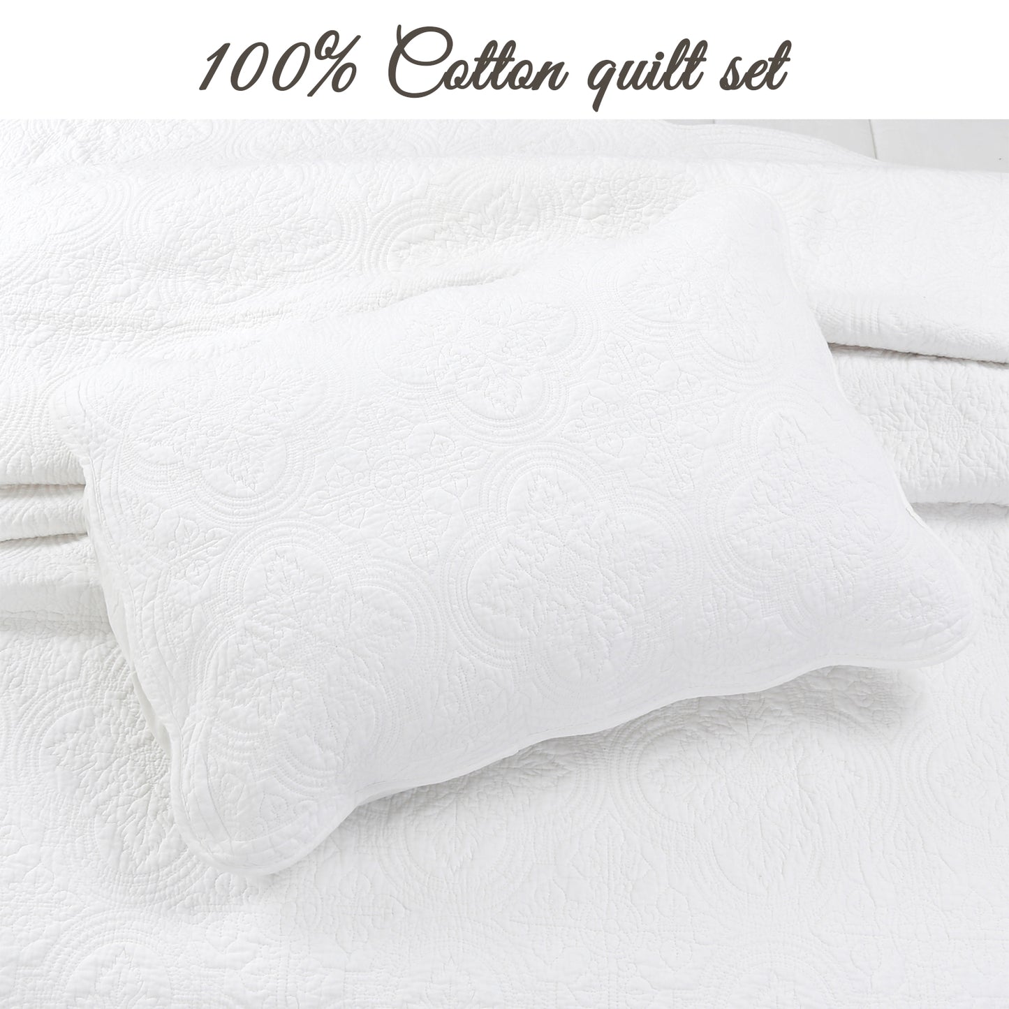 Serenity White Victorian Scalloped Medallion Floral Pure Solid Cotton Reversible Quilt Bedding Set