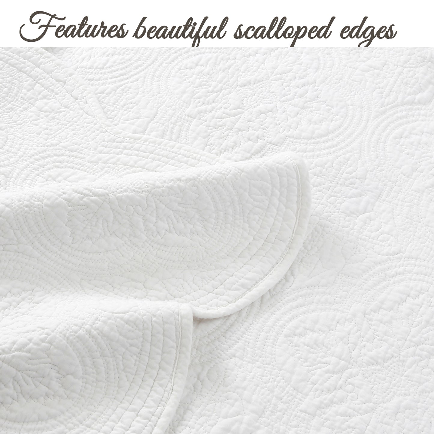 Serenity White Victorian Scalloped Medallion Floral Pure Solid Cotton Reversible Quilt Bedding Set