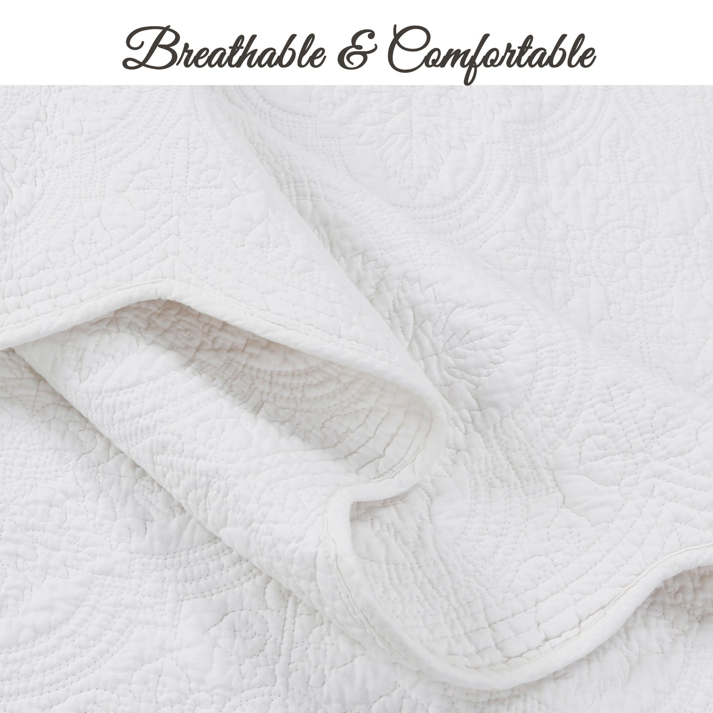 Serenity White Victorian Scalloped Medallion Floral Pure Solid Cotton Reversible Quilt Bedding Set