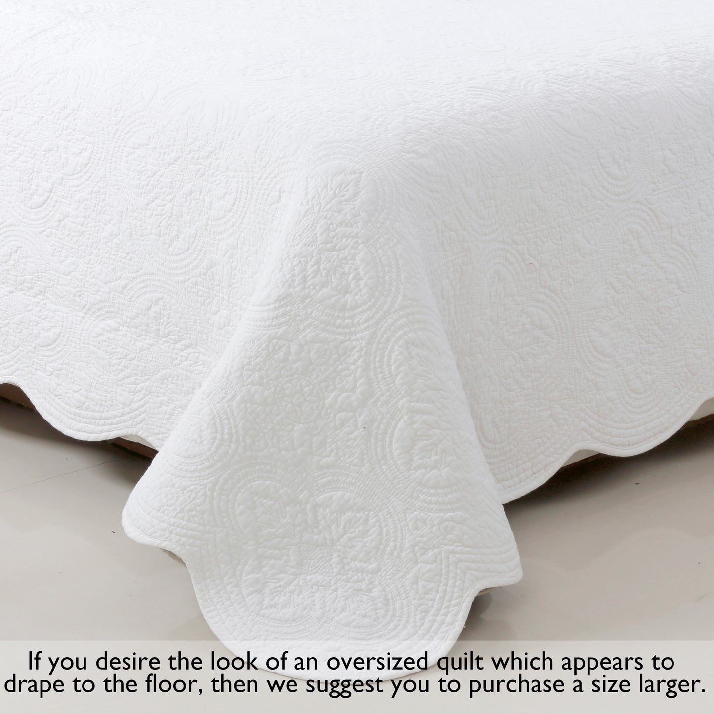 Serenity White Victorian Scalloped Medallion Floral Pure Solid Cotton Reversible Quilt Bedding Set