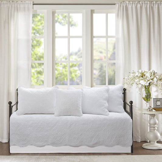 Serenity White Victorian Scalloped Medallion Floral Pure Solid 6-Piece Daybed Quilt Bedding Set