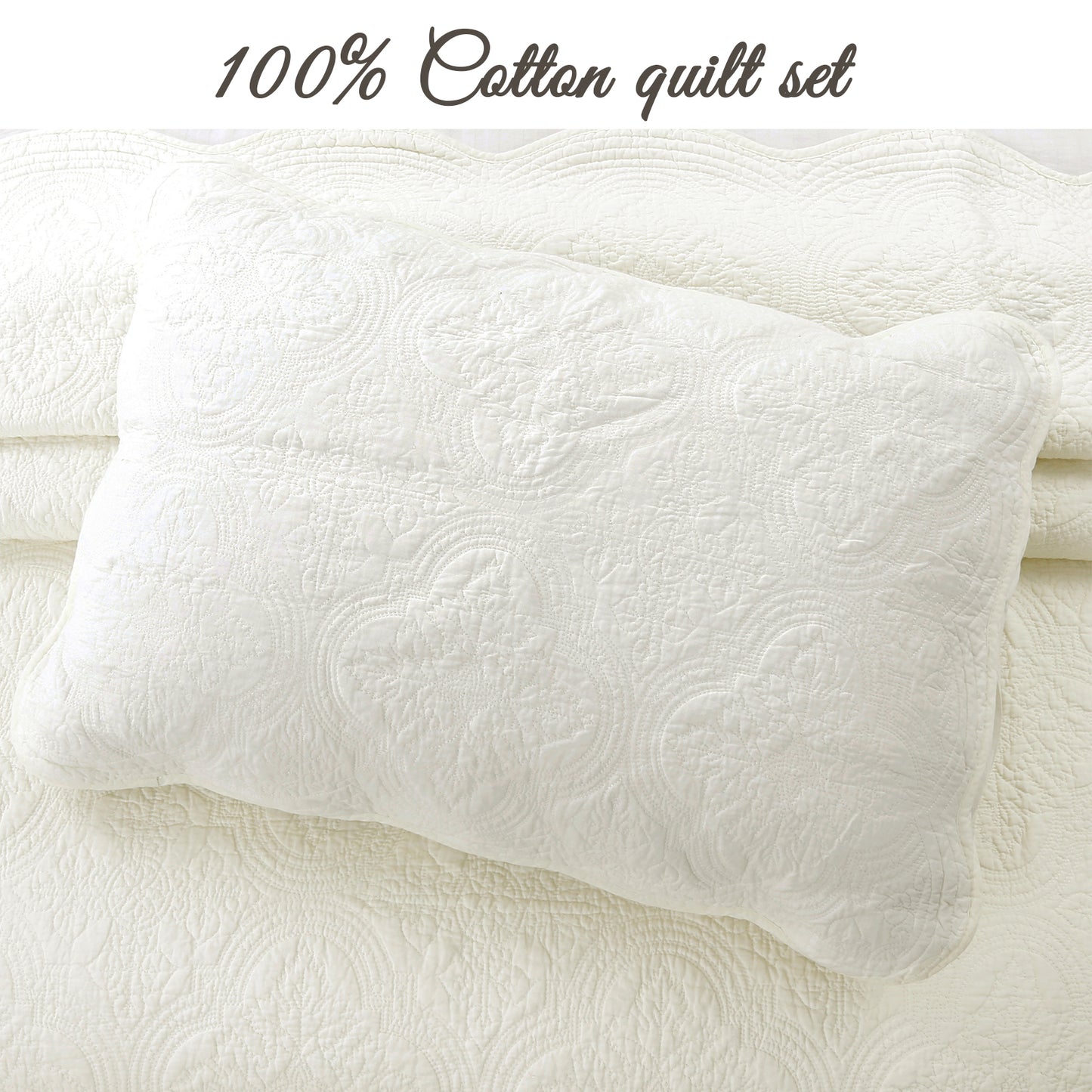 Serenity Ivory Victorian Scalloped Medallion Floral Pure Solid Cotton Reversible Quilt  Bedding Set