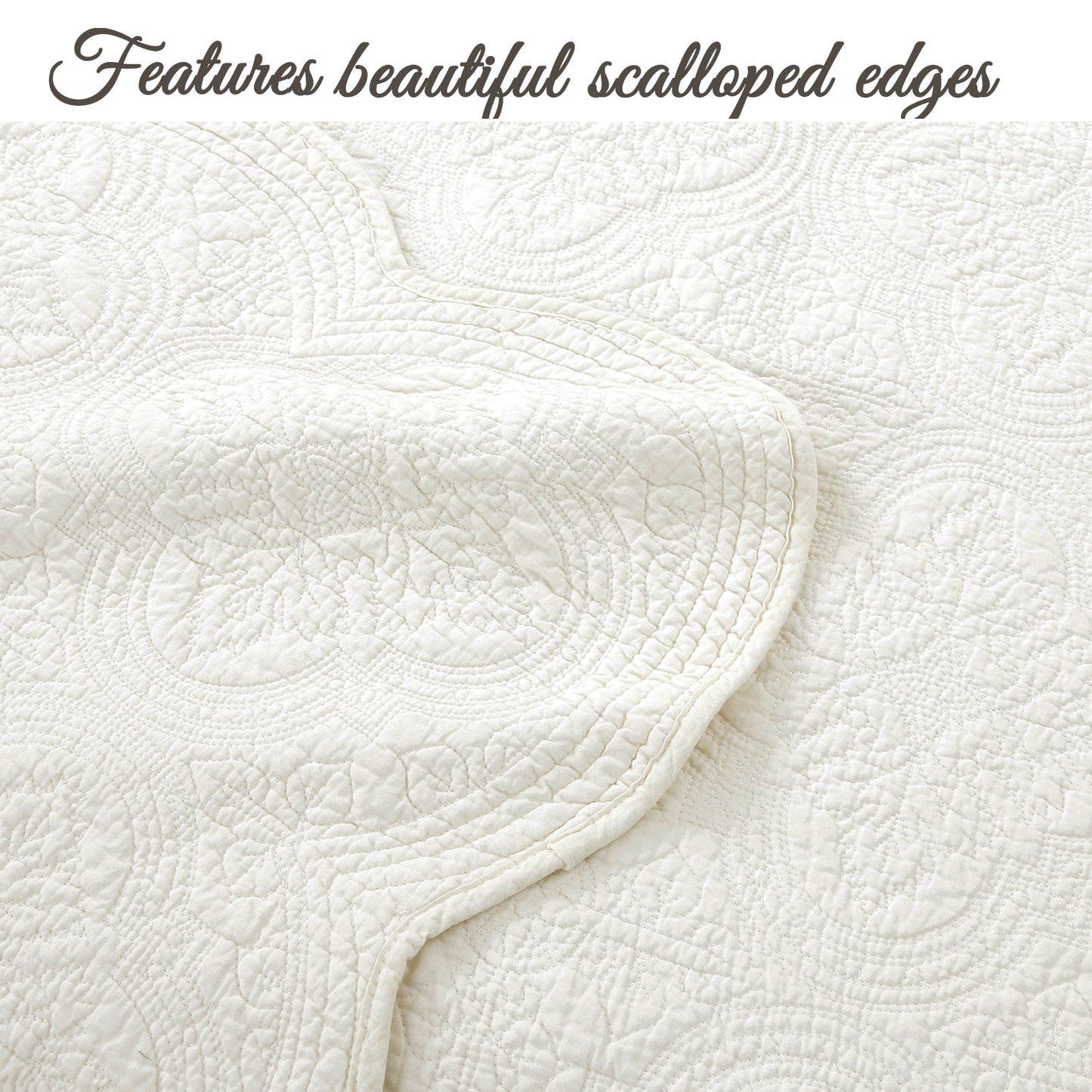 Serenity Ivory Victorian Scalloped Medallion Floral Pure Solid Cotton Reversible Quilt  Bedding Set