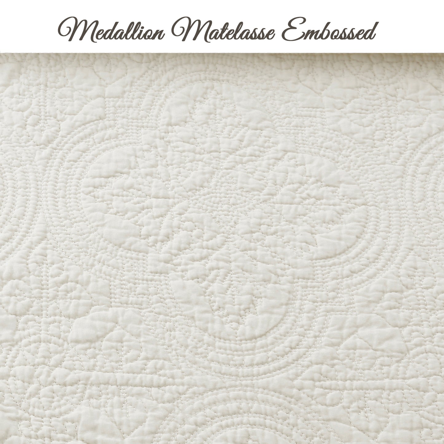 Serenity Ivory Victorian Scalloped Medallion Floral Pure Solid Cotton Reversible Quilt  Bedding Set