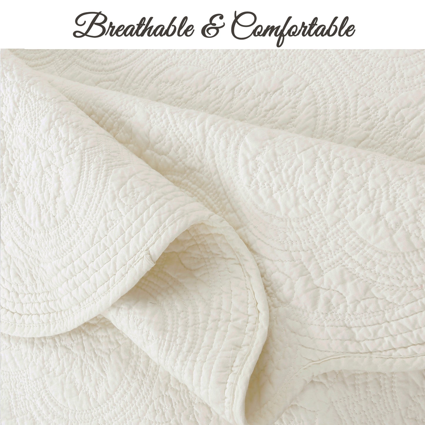 Serenity Ivory Victorian Scalloped Medallion Floral Pure Solid Cotton Reversible Quilt  Bedding Set