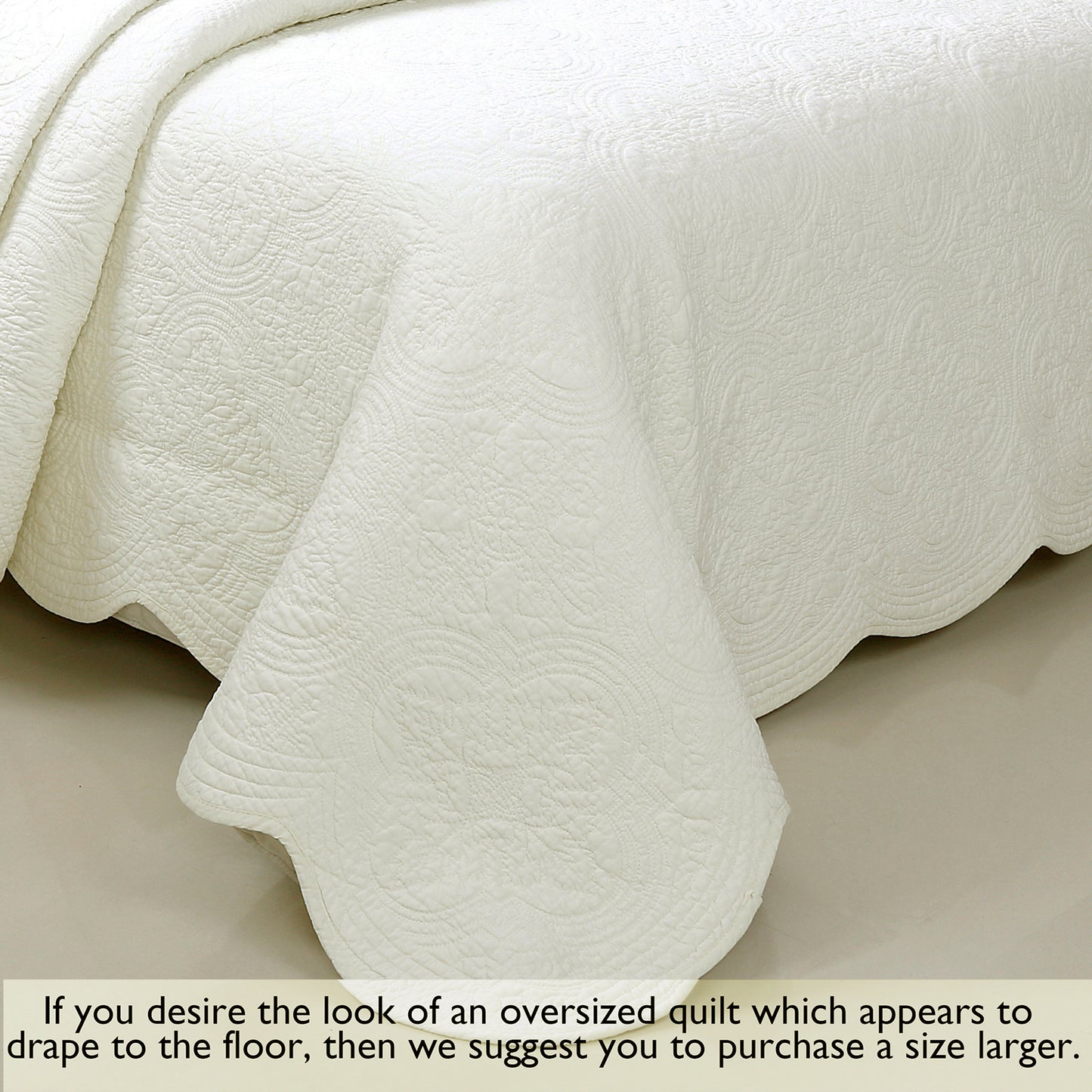 Serenity Ivory Victorian Scalloped Medallion Floral Pure Solid Cotton Reversible Quilt  Bedding Set