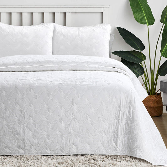 Chevron Zig Zag White Solid Cotton Reversible Quilt Bedding Set