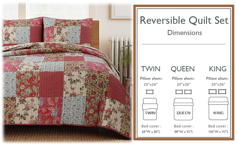 Adeline Floral 3-Peice Real Patchwork Cotton Reversible Quilt Bedding Set
