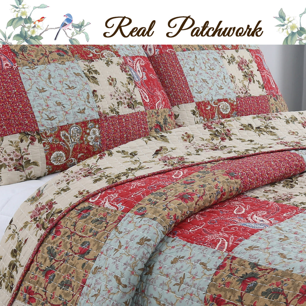 Adeline Floral 3-Peice Real Patchwork Cotton Reversible Quilt Bedding ...