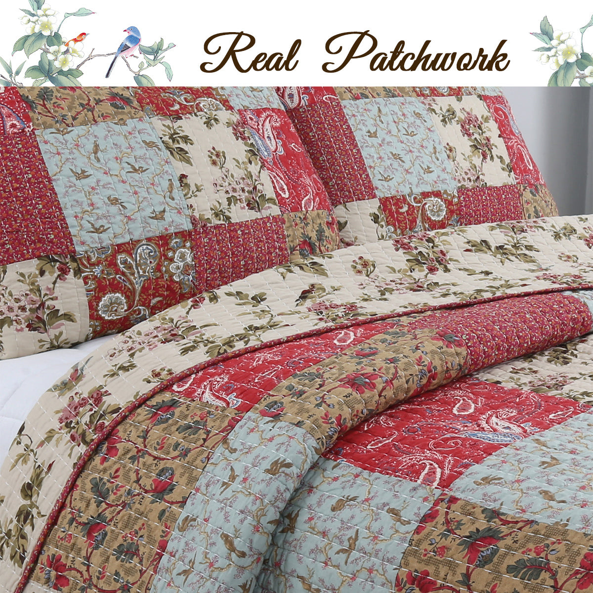 Adeline Floral 3-Peice Real Patchwork Cotton Reversible Quilt Bedding Set
