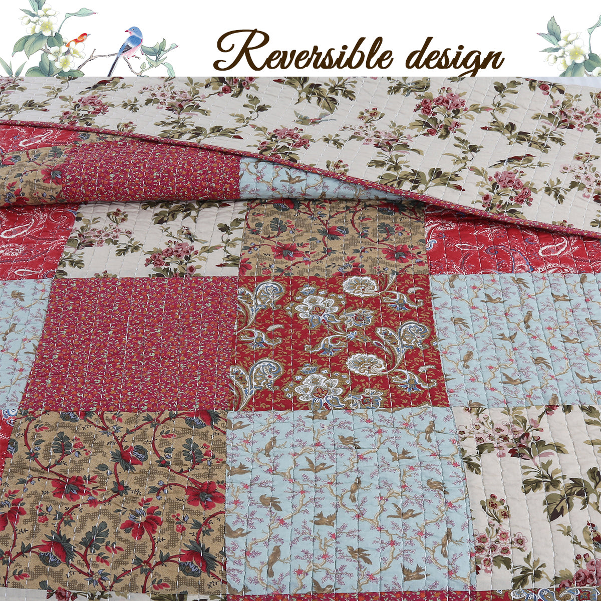 Adeline Floral 3-Peice Real Patchwork Cotton Reversible Quilt Bedding Set