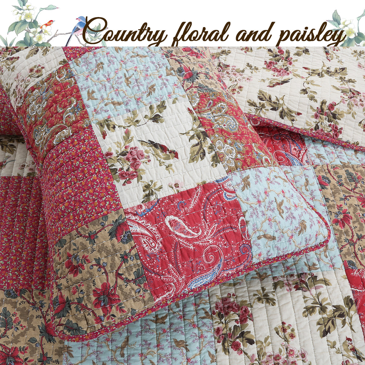 Adeline Floral 3-Peice Real Patchwork Cotton Reversible Quilt Bedding Set